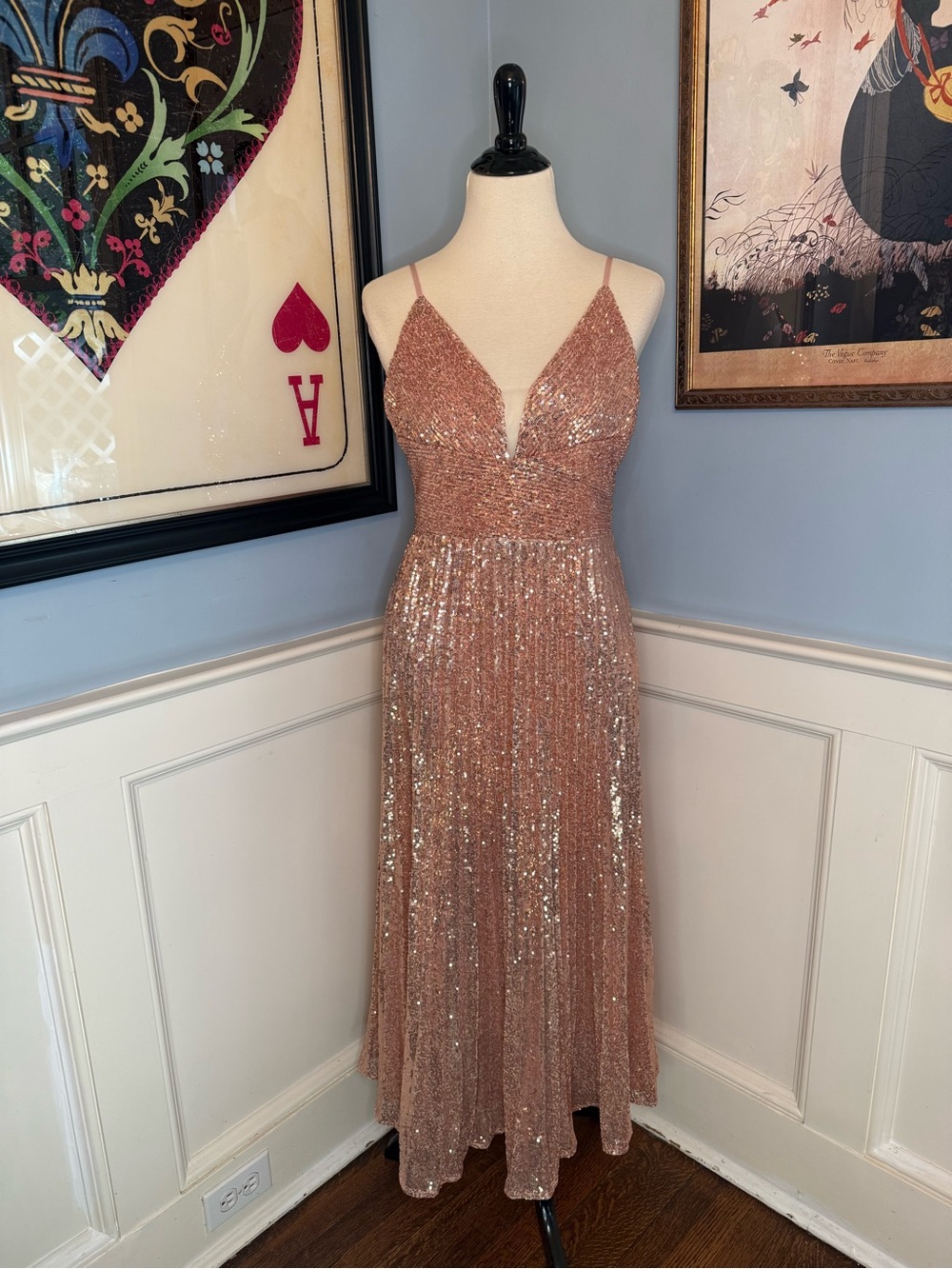 Unique Vintage Rose Gold Sequined Pleated Midi Cocktail Dress Sz L